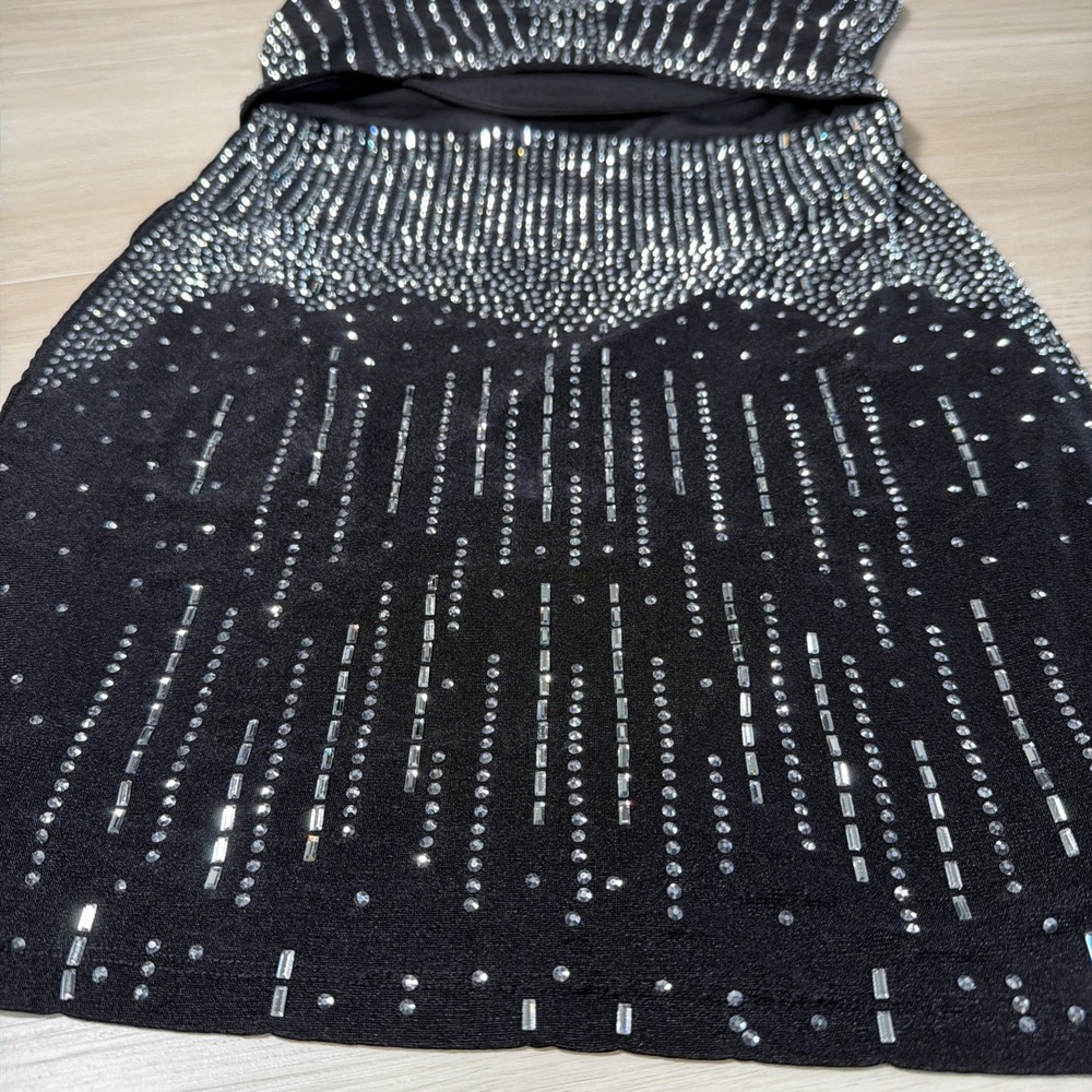 4D~ Windsor Bedazzle Body con bling dress Black Open Front Club Dress Sz Lg - Picture 2 of 9